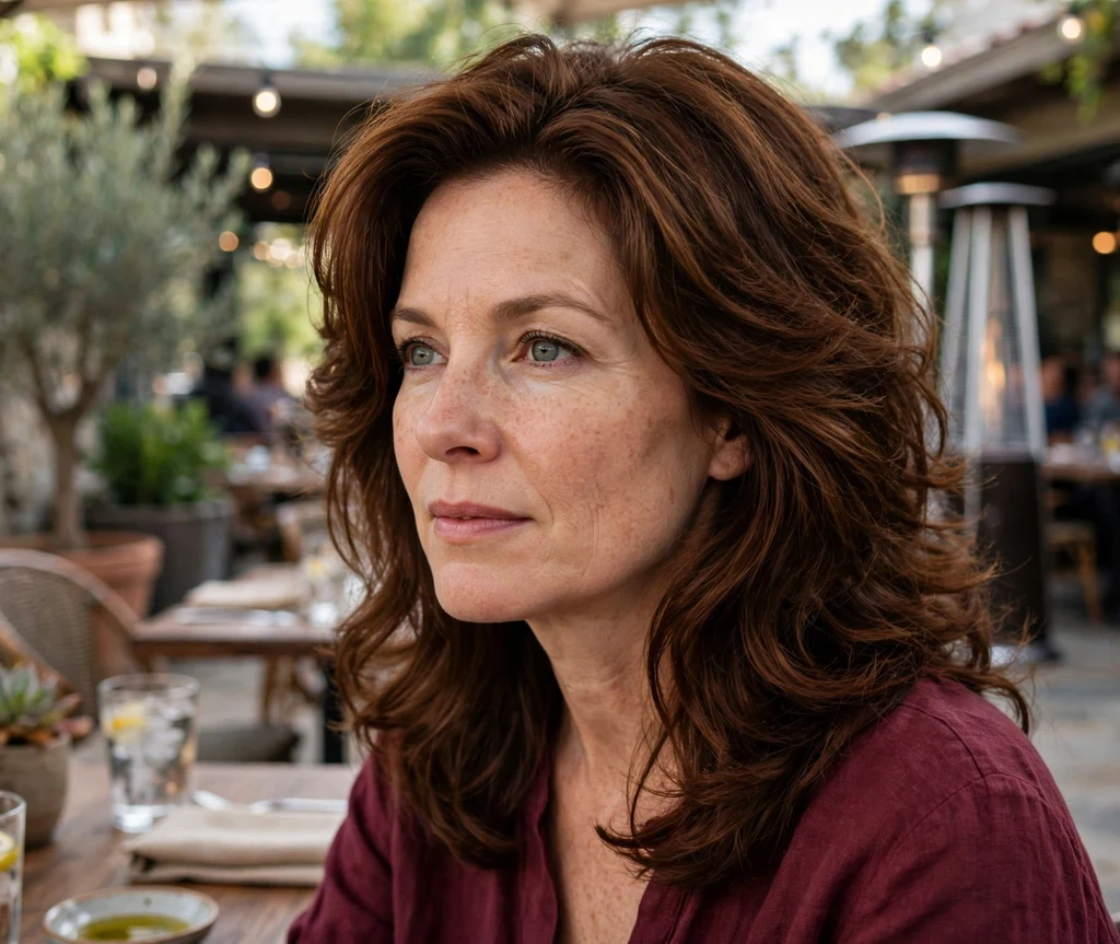 Woman with glossy voluminous layers on a restaurant patio