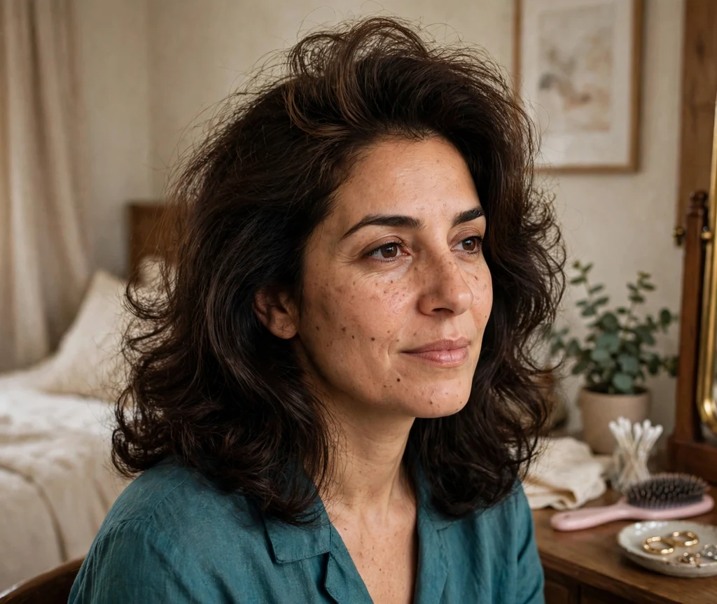 Woman with lifted roots in a fresh blow dry at a vanity mirror