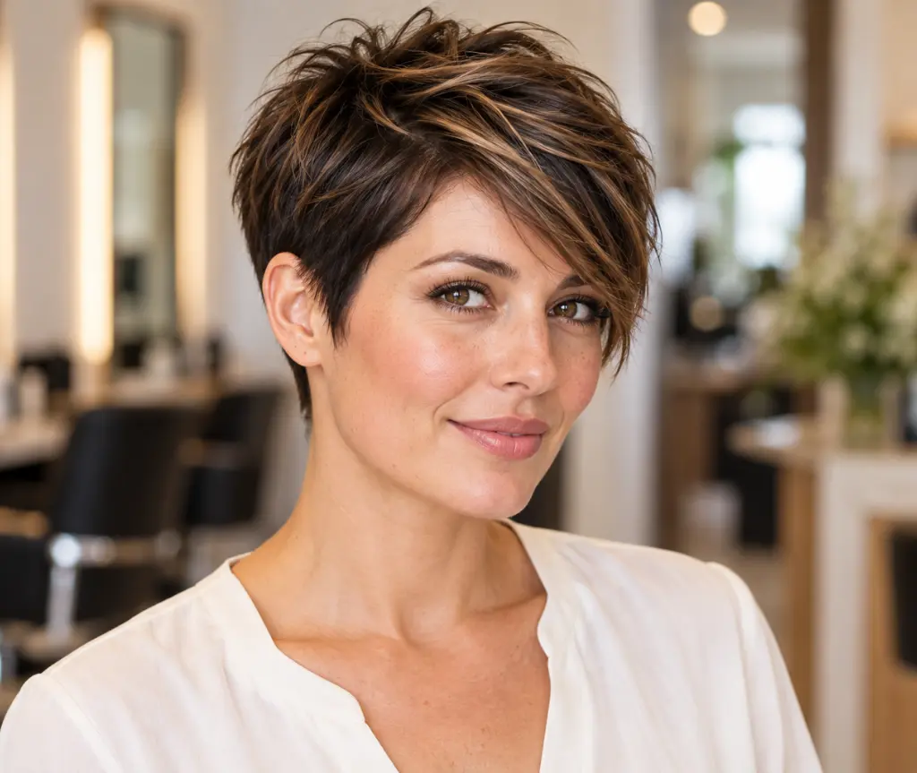 Toffee Highlights on a Brunette Pixie