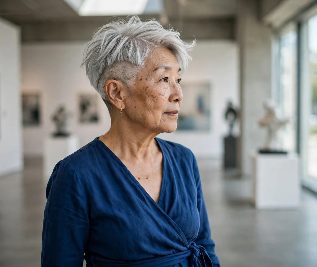 Older East Asian woman with silver undercut pixie haircut in an art gallery