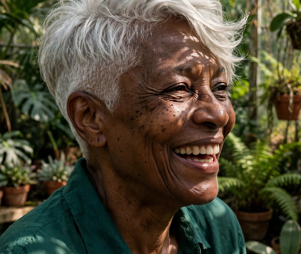 Older Black woman with silver swept undercut pixie in a botanical greenhouse