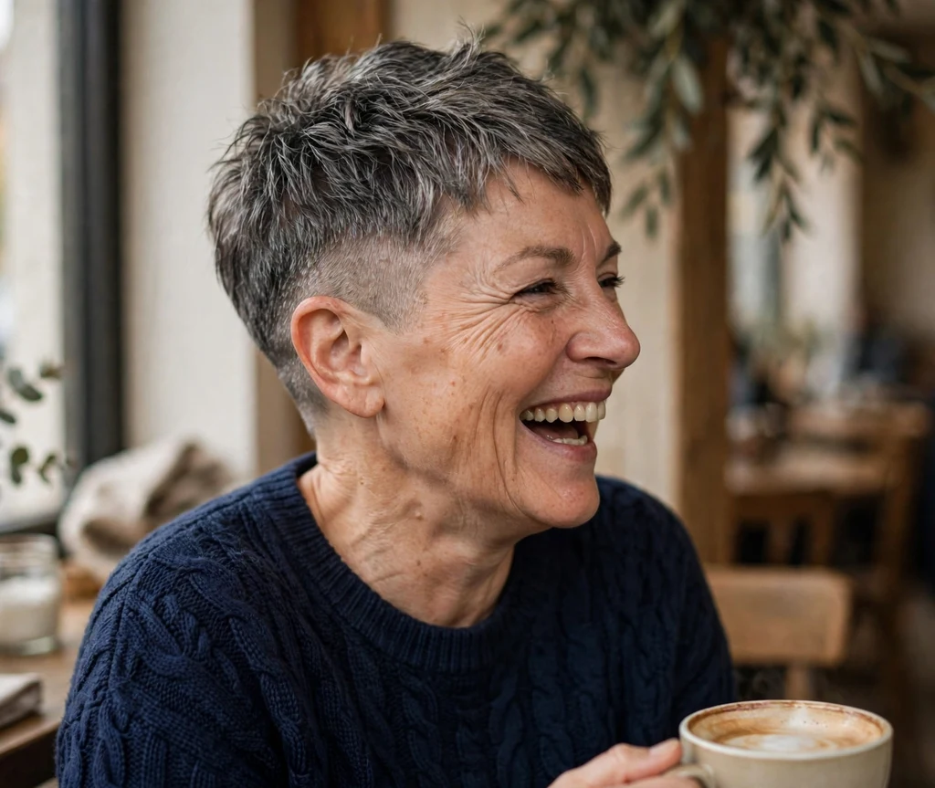 Woman in her early 60s with salt-and-pepper faded undercut pixie at a café