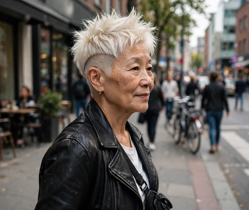 East Asian woman with platinum spiky undercut pixie on a city street