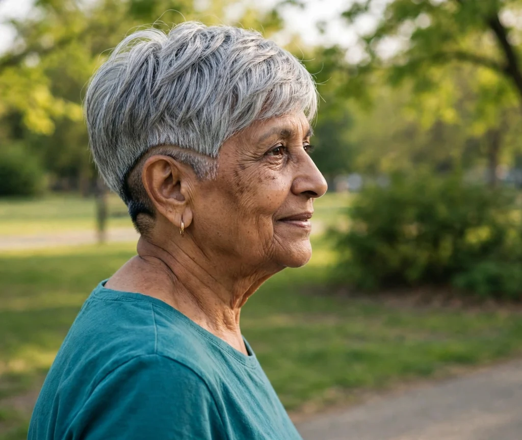 South Asian woman with silver-gray disconnected nape undercut pixie in a park