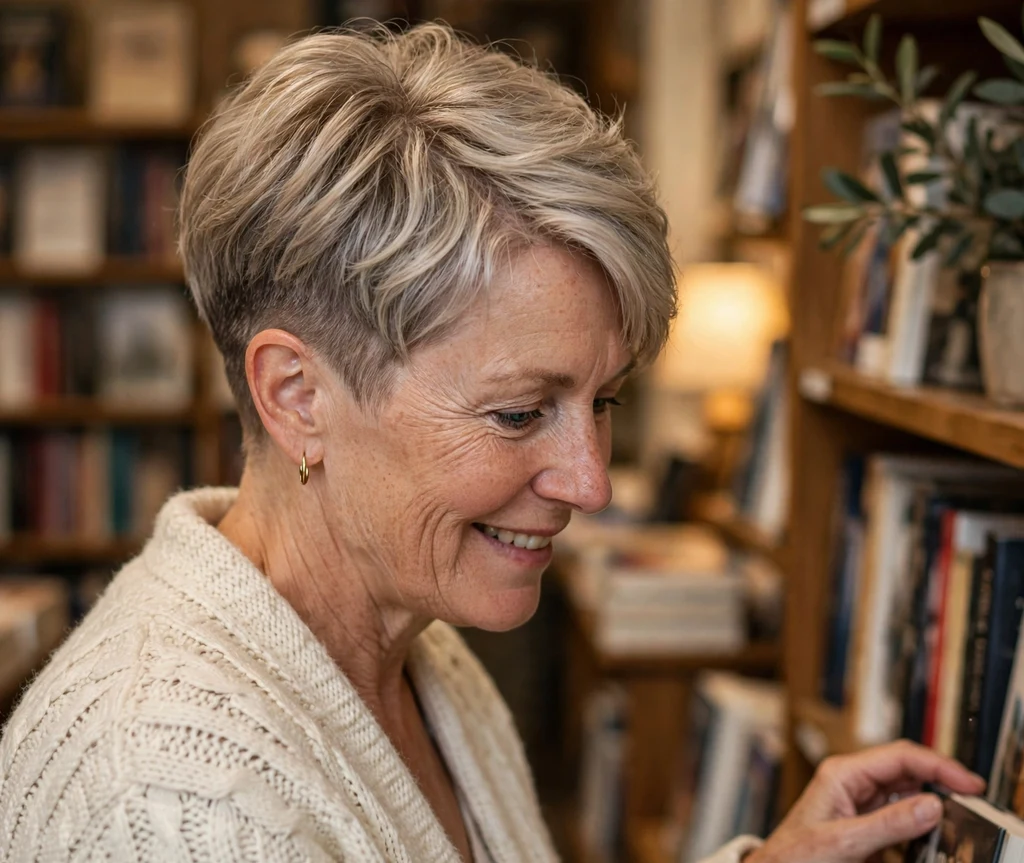 Woman in her mid-50s with ash blonde tapered undercut pixie in a bookshop