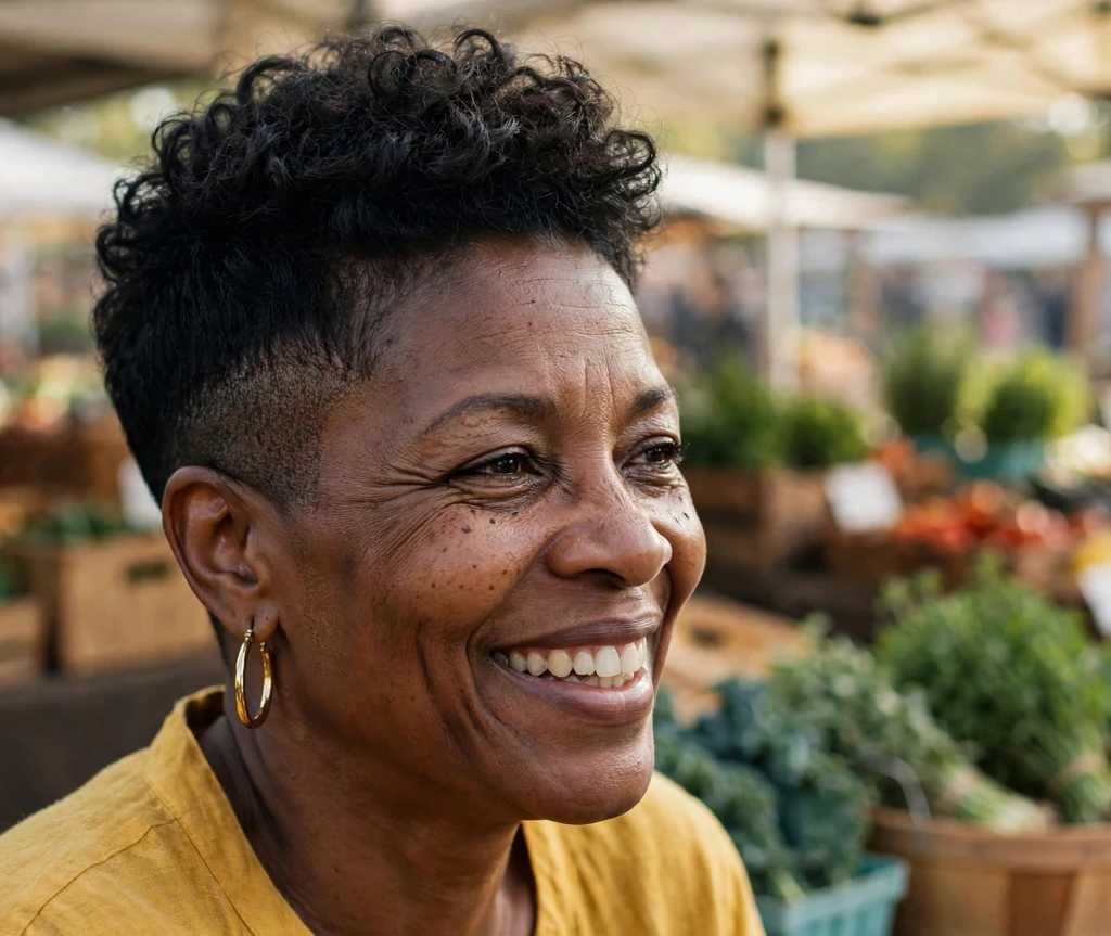 Black woman with buzzed-side curly top undercut pixie at a farmers market