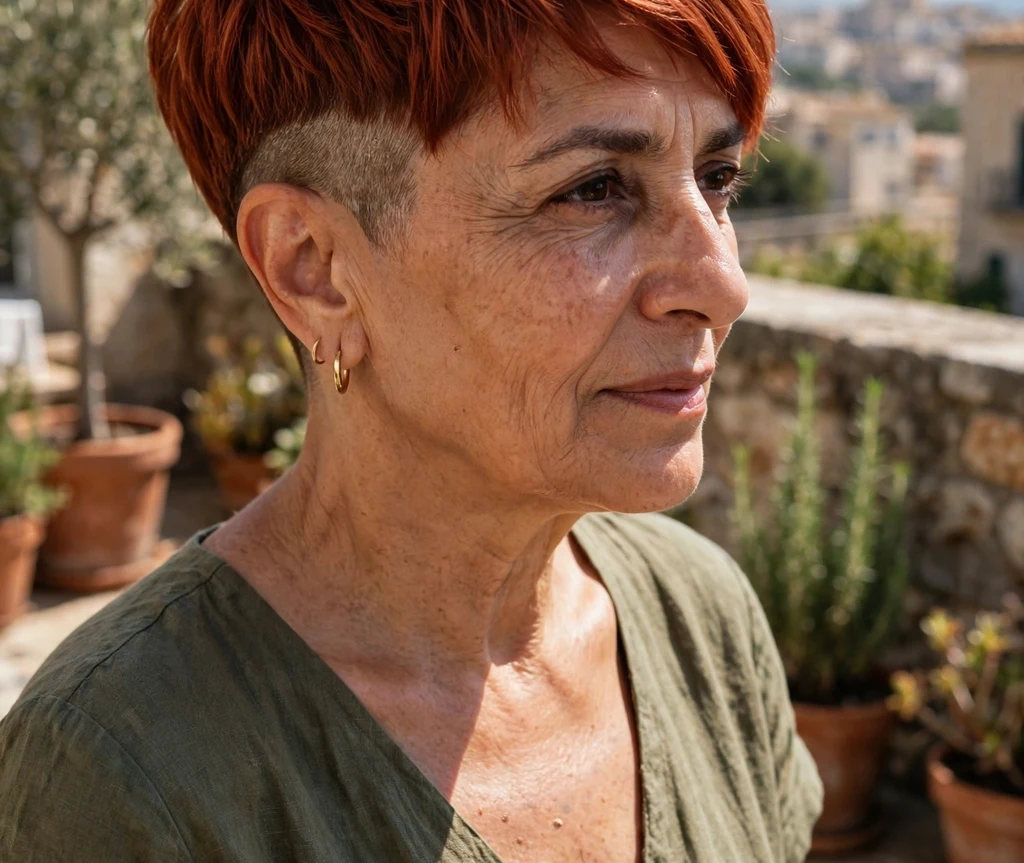 Middle Eastern woman with layered copper undercut pixie on a terrace