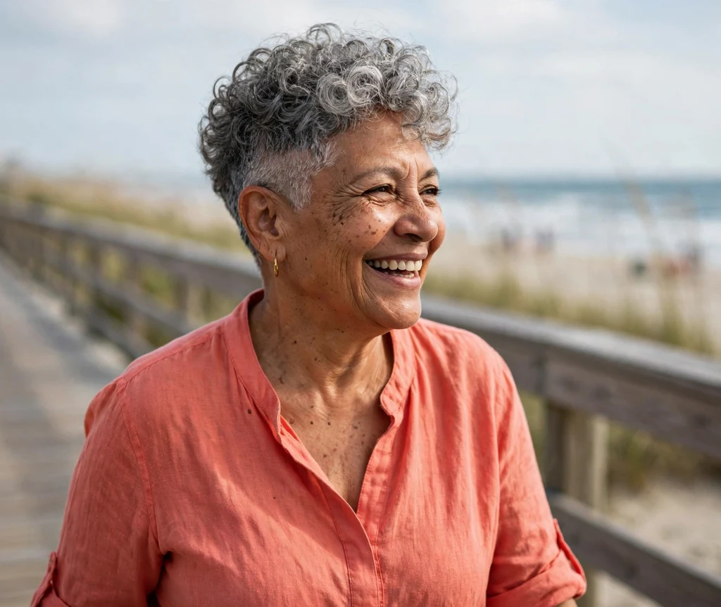 Latina woman with gray curly top faded undercut pixie on a boardwalk