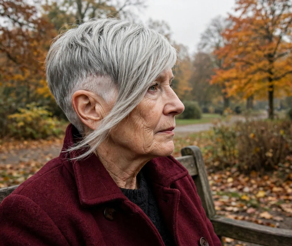 Woman in her late 60s with silver side-swept micro fade pixie on a park bench