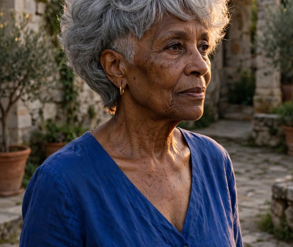 Black woman in her early 70s with voluminous gray undercut pixie in a courtyard