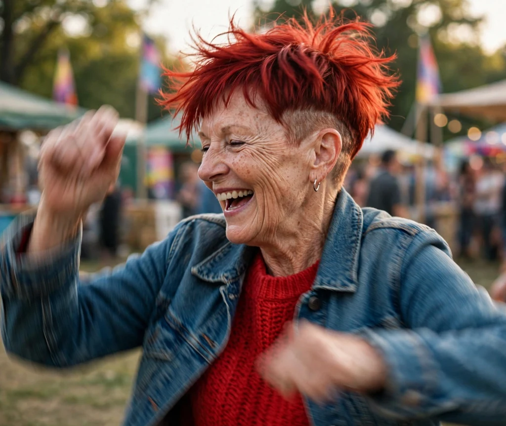 Woman in her early 60s with cherry red undercut pixie at a music festival