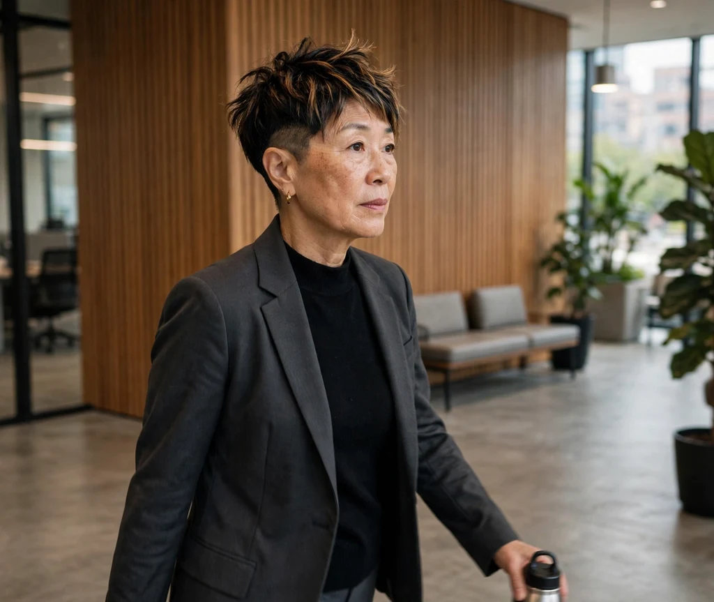 East Asian woman with piecey highlighted undercut pixie in an office lobby