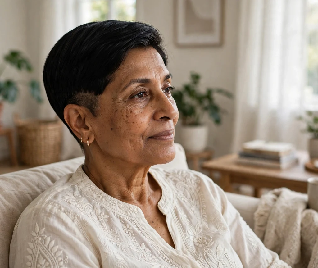 South Asian woman with sleek black undercut pixie in a living room