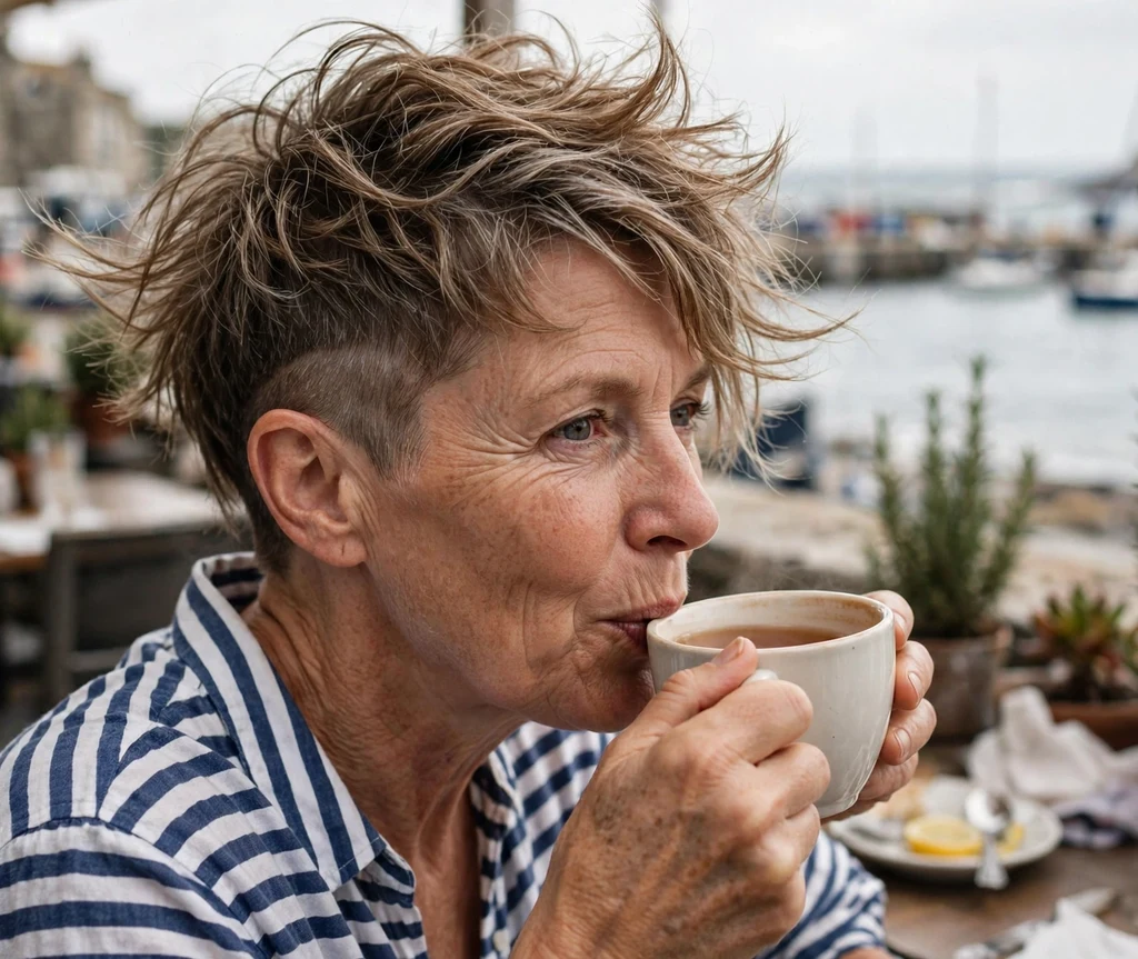 Woman in her late 50s with tousled sandy-brown undercut pixie at a seaside café