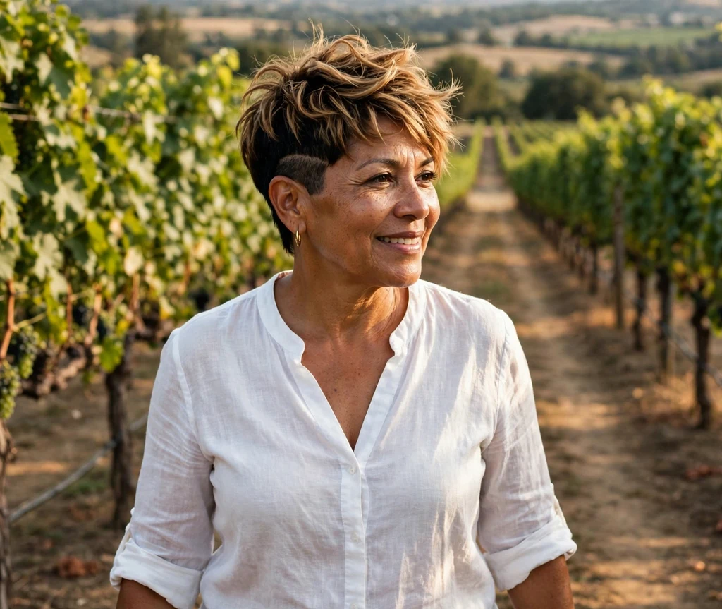Latina woman with caramel balayage undercut pixie in a vineyard