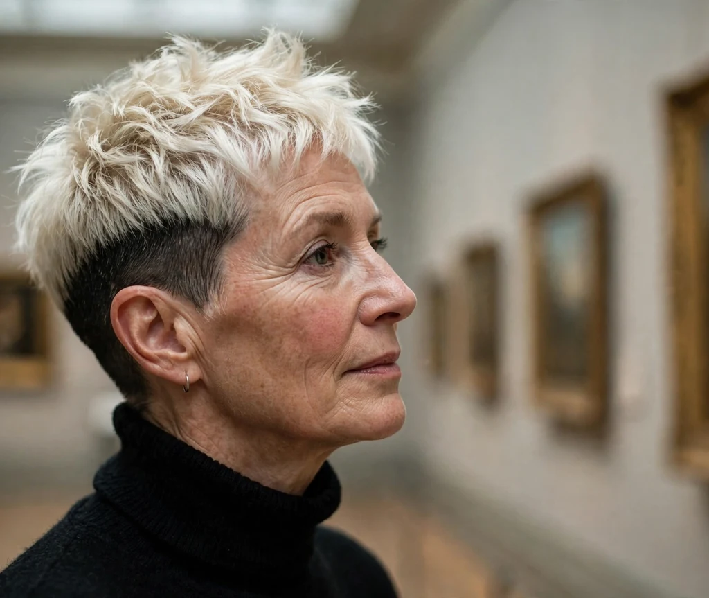 Woman in her mid-60s with high-contrast blonde and dark undercut pixie in a museum