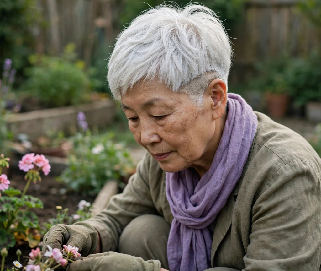 East Asian woman in her early 70s with feathered white undercut pixie in a garden