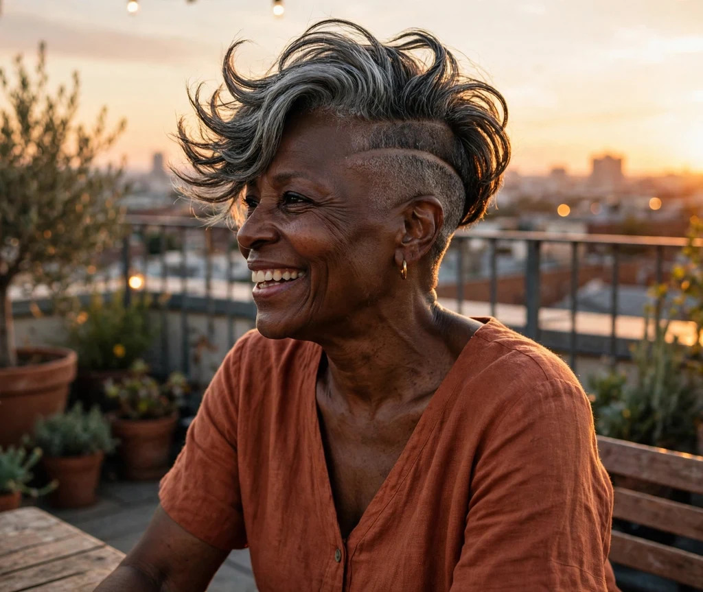 Black woman with deep side-part salt-and-pepper undercut pixie on a rooftop