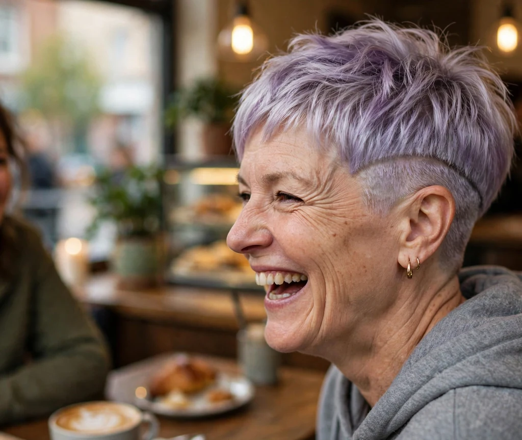 Woman in her early 50s with lavender-tinted silver undercut pixie at a café
