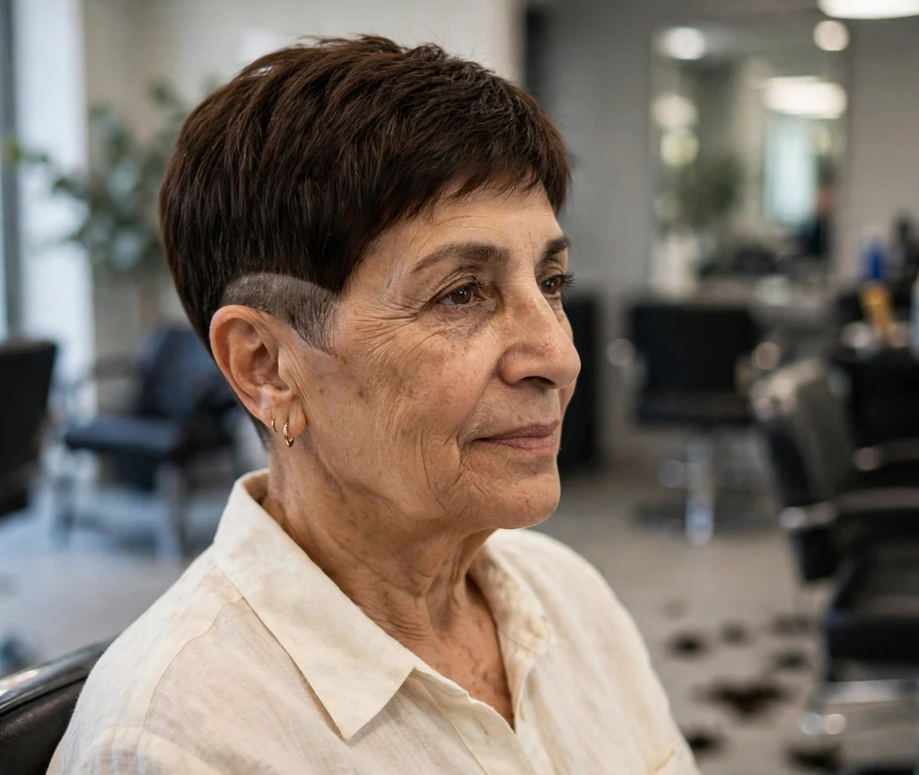 Middle Eastern woman with classic brunette undercut pixie at a salon