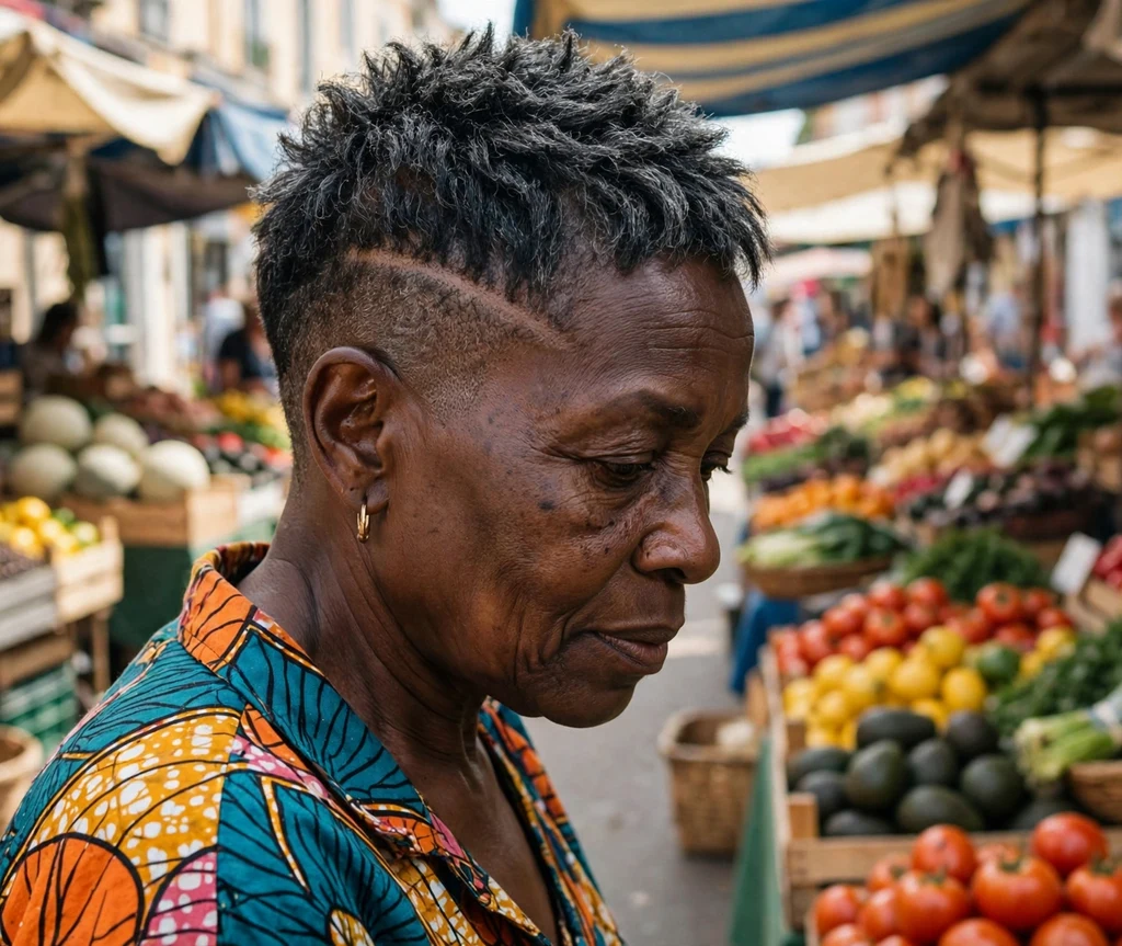 Black woman with textured crop temple fade undercut pixie at a street market