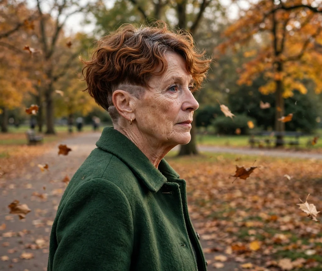 Woman in her late 60s with wavy auburn undercut pixie in an autumn park