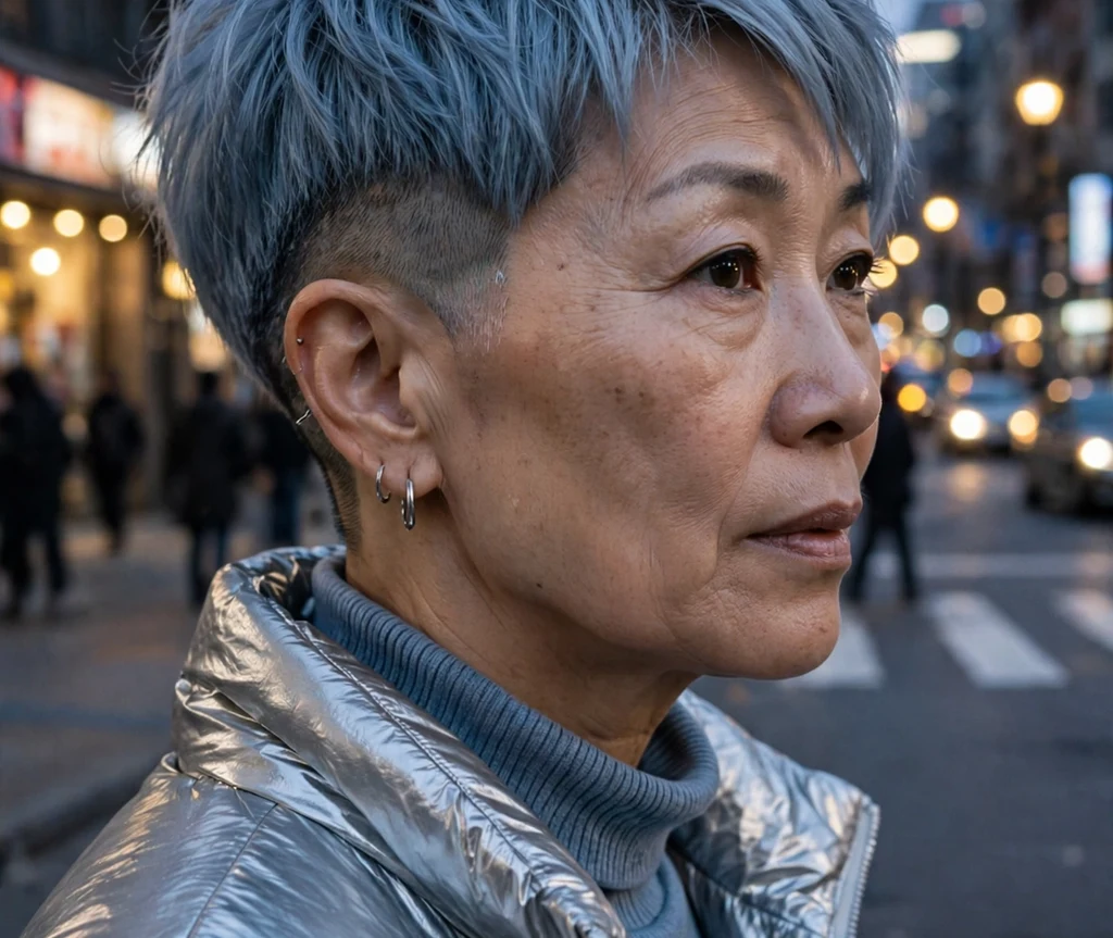 East Asian woman with icy blue-gray undercut pixie on a city street at dusk