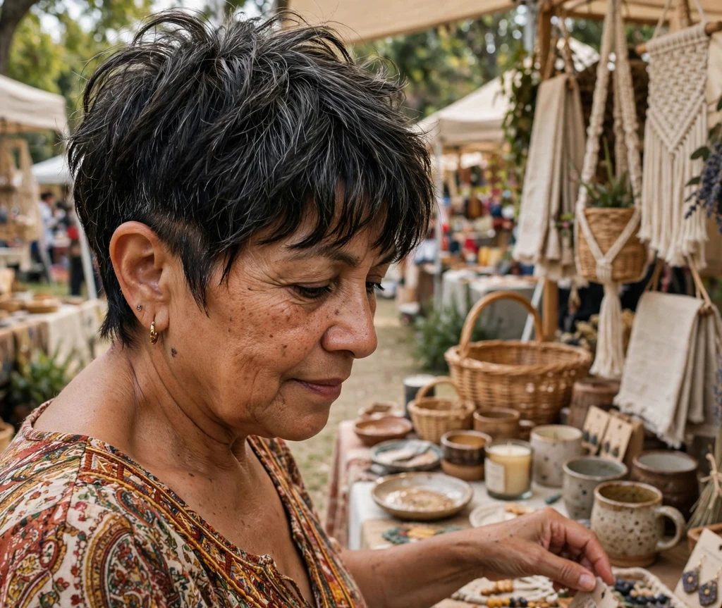 Latina woman with shaggy curtain bangs undercut pixie at an art fair