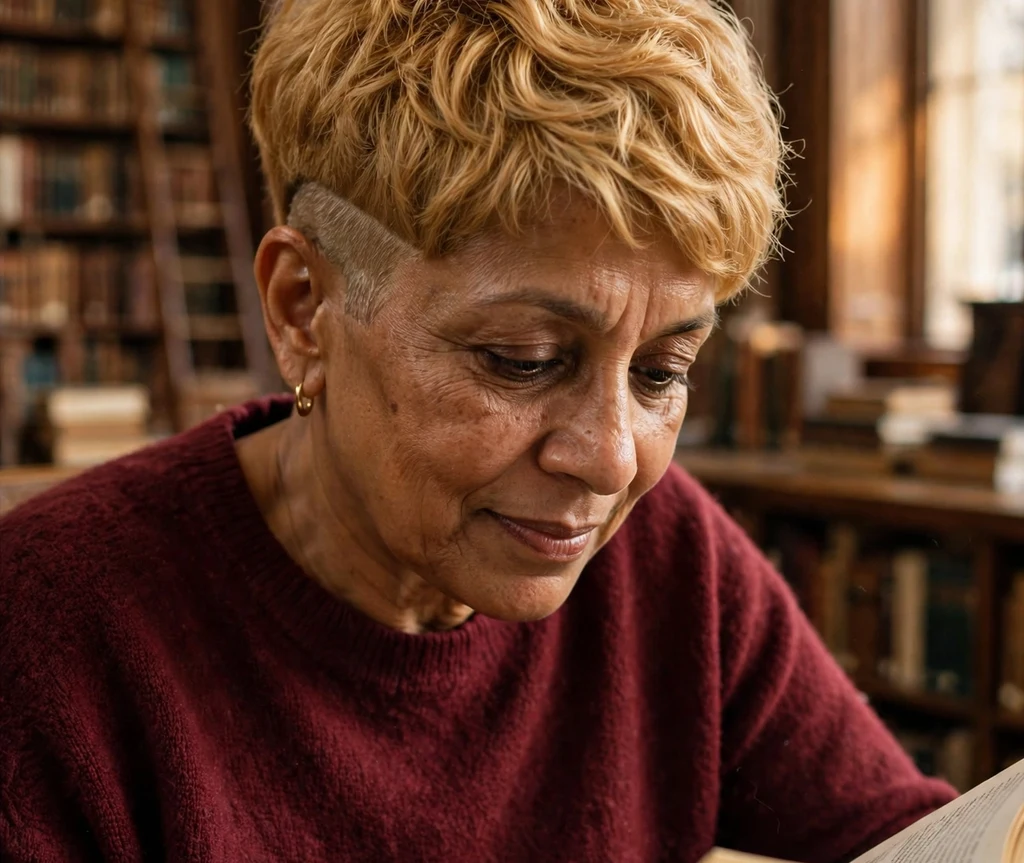 South Asian woman with golden honey undercut pixie in a library