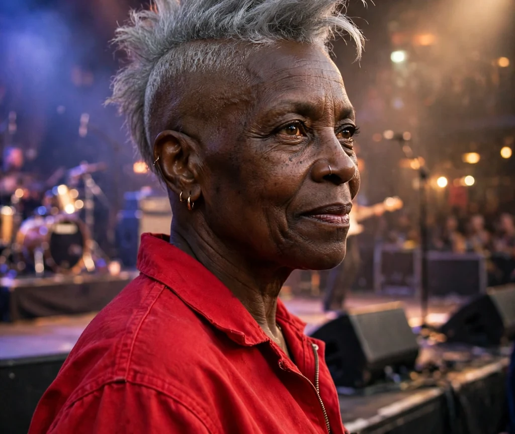 Black woman with silver mohawk-inspired undercut pixie at a concert