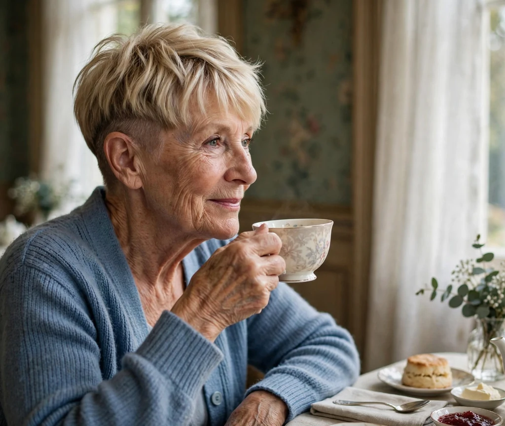 Woman in her early 70s with soft blonde feathered fringe undercut pixie in a tea room