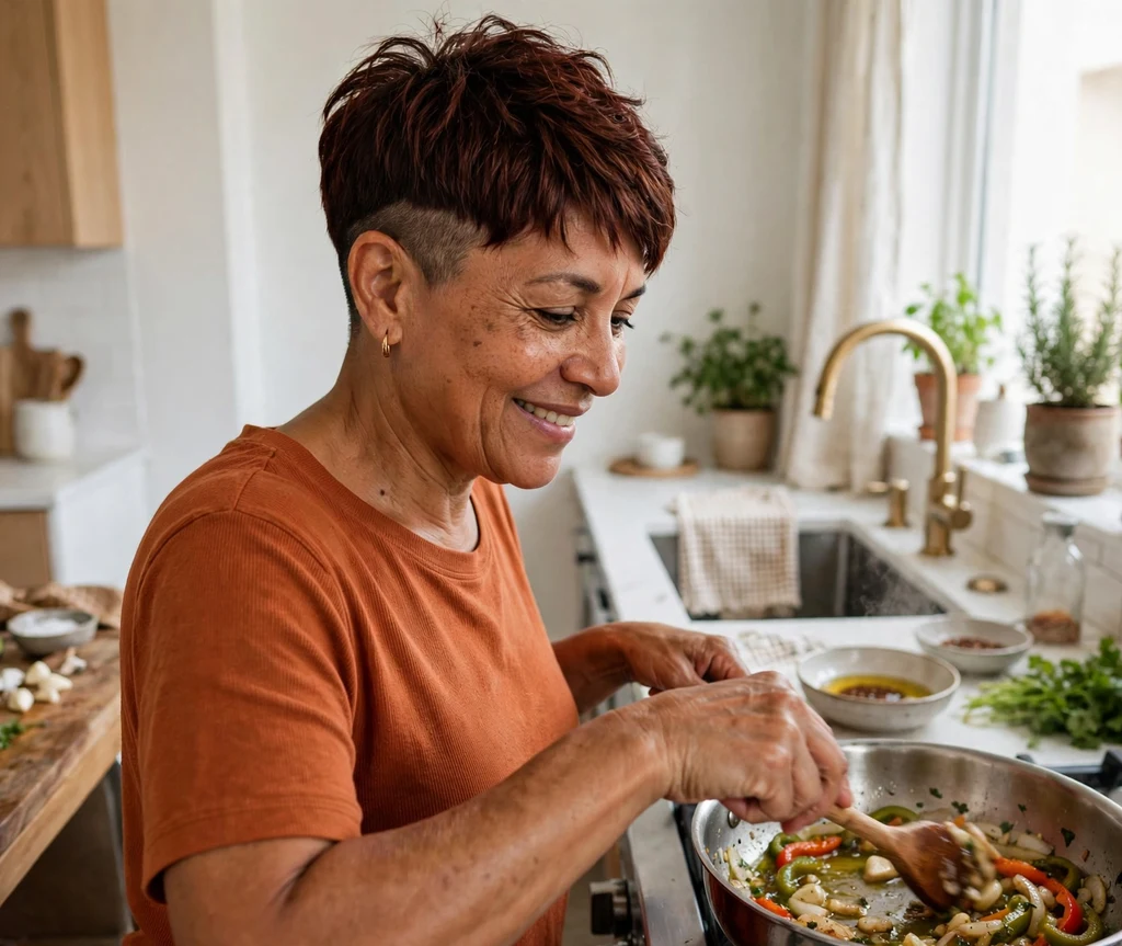 Latina woman with mahogany undercut pixie in a kitchen