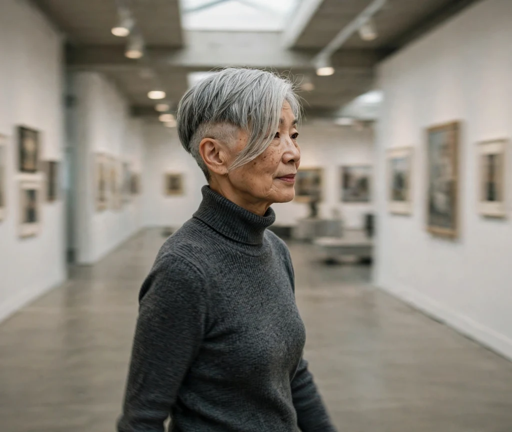 East Asian woman with long sweeping silver fringe undercut pixie in a gallery
