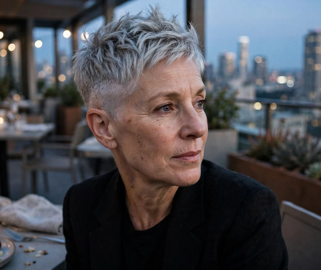 Woman in her mid-50s with frosted silver skin fade undercut pixie at a rooftop restaurant