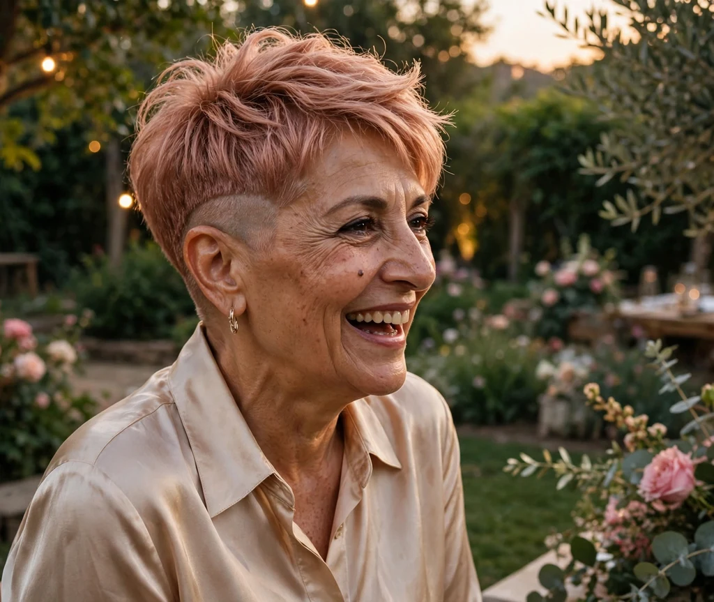 Middle Eastern woman with rose gold undercut pixie at a garden wedding