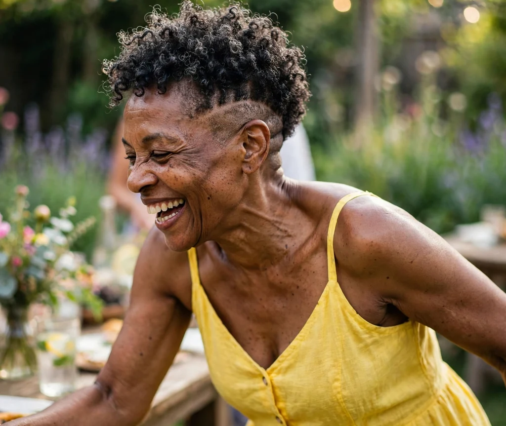 Black woman with natural coily top undercut pixie at a garden party