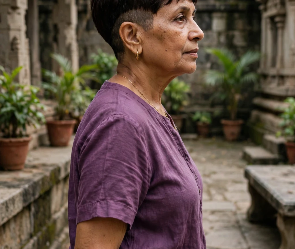 South Asian woman with dark chocolate brown undercut pixie in a temple courtyard