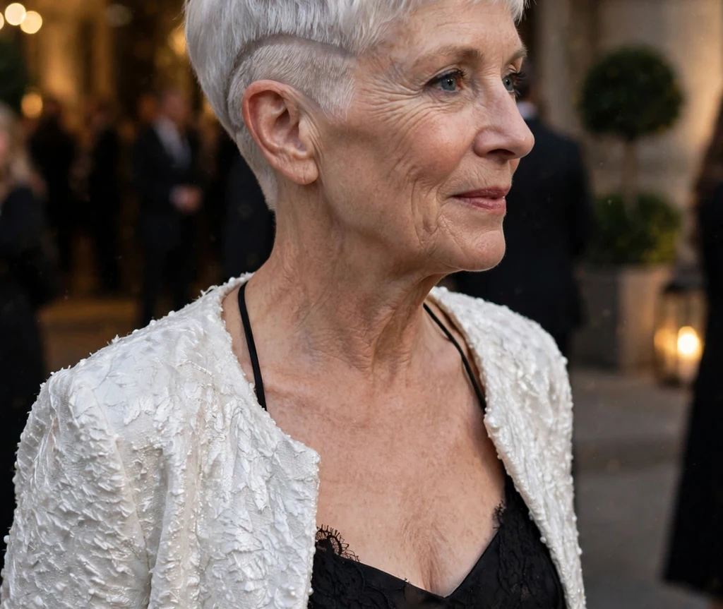Woman in her late 60s with pearl white undercut pixie at an evening gala