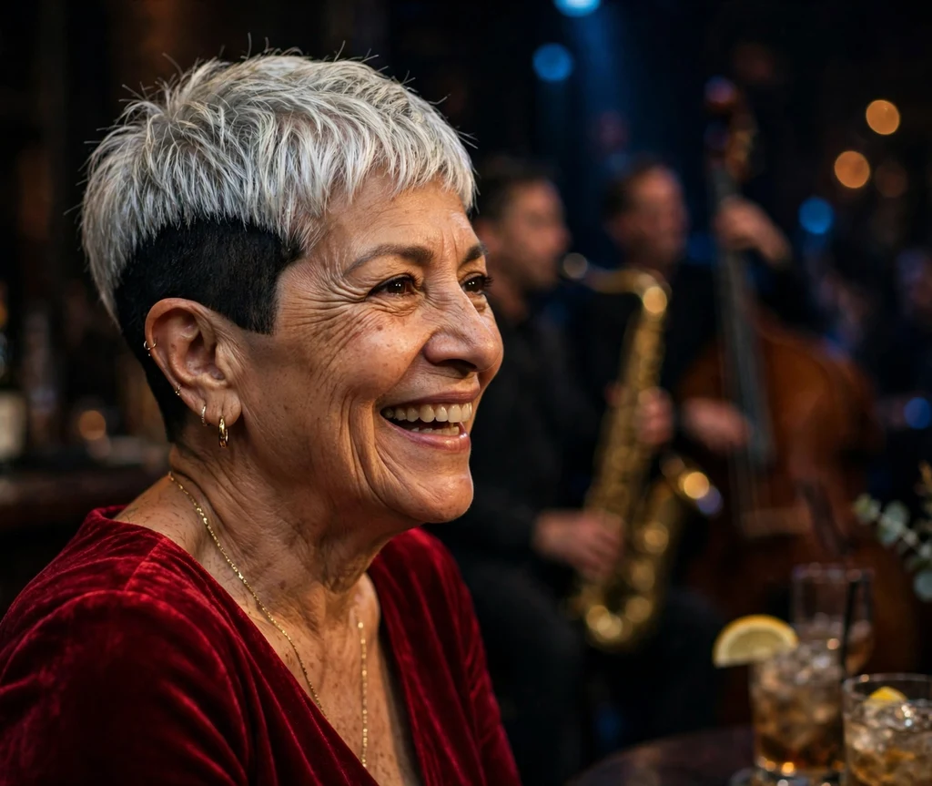 Latina woman with two-tone black and silver undercut pixie at a jazz club