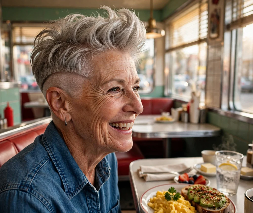 Woman in her early 60s with silver short quiff undercut pixie at a diner