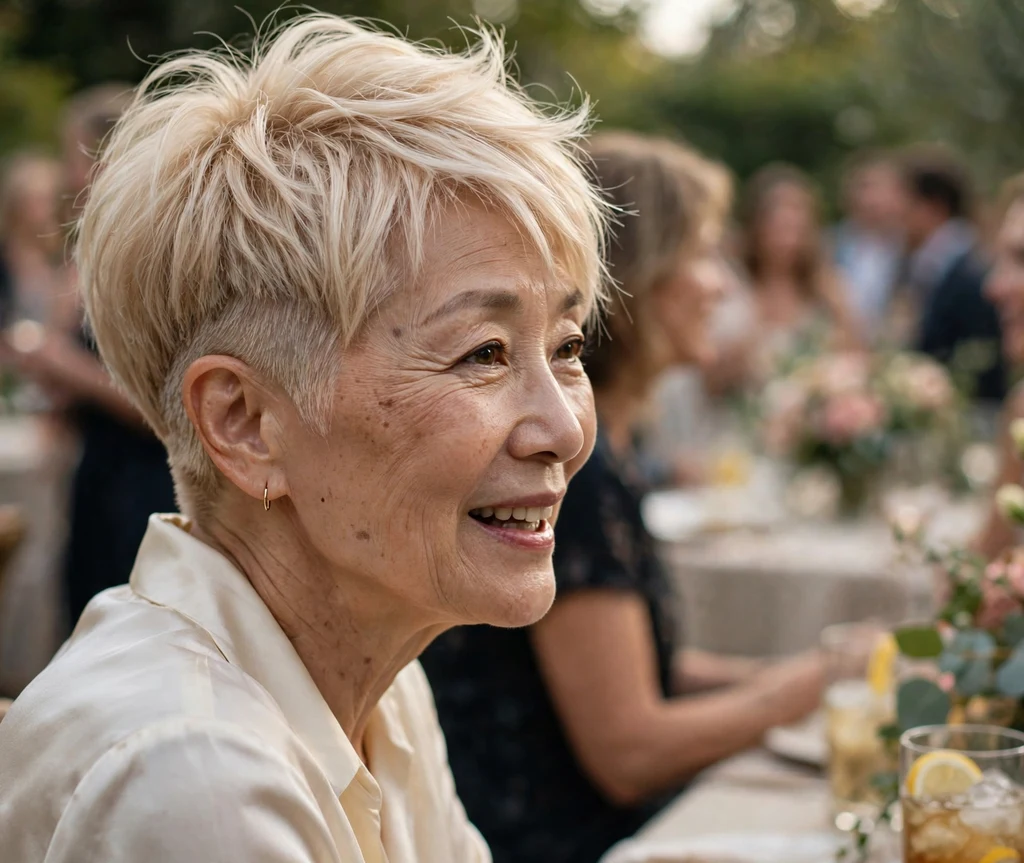 East Asian woman with champagne blonde undercut pixie at a garden party