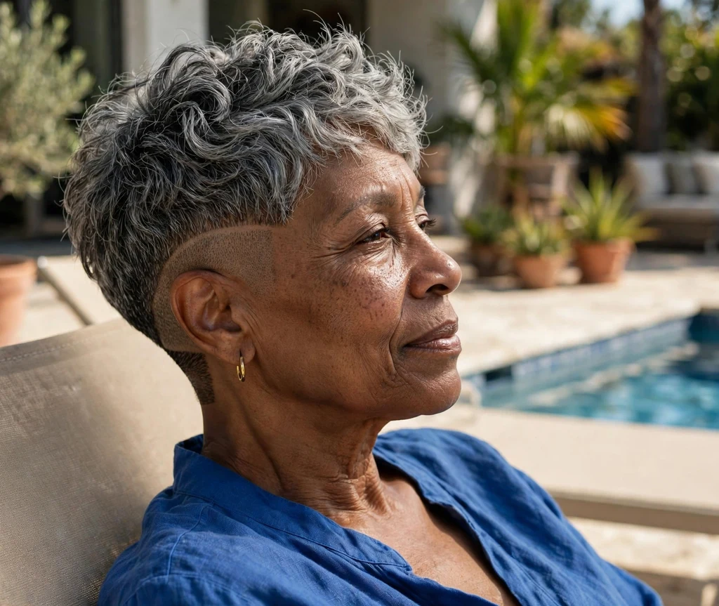Black woman with razored nape salt-and-pepper undercut pixie by a pool