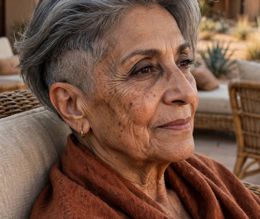 Middle Eastern woman in her early 70s with smoky gray long crown undercut pixie at a desert resort
