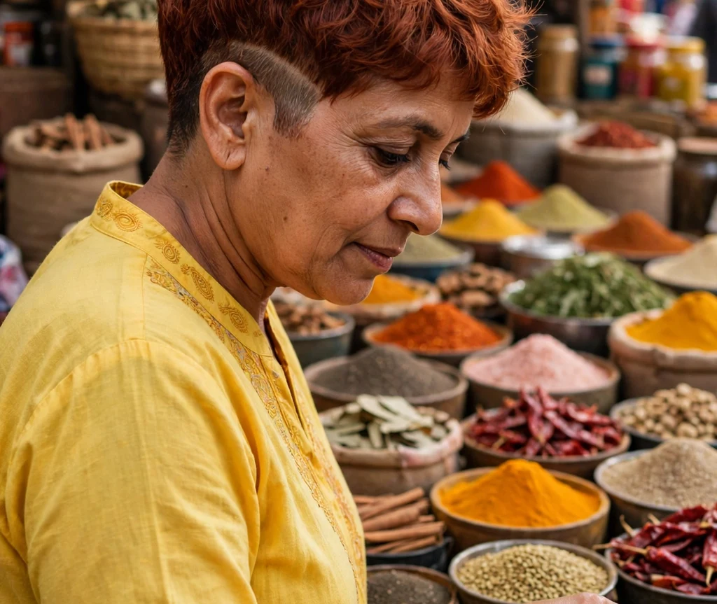 South Asian woman with copper auburn undercut pixie at a spice market