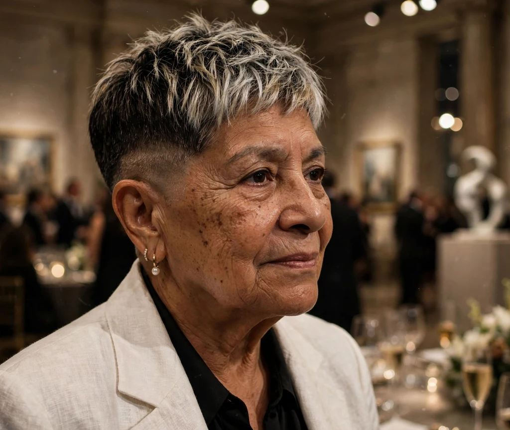 Latina woman in her early 70s with frosted tips undercut pixie at a museum gala