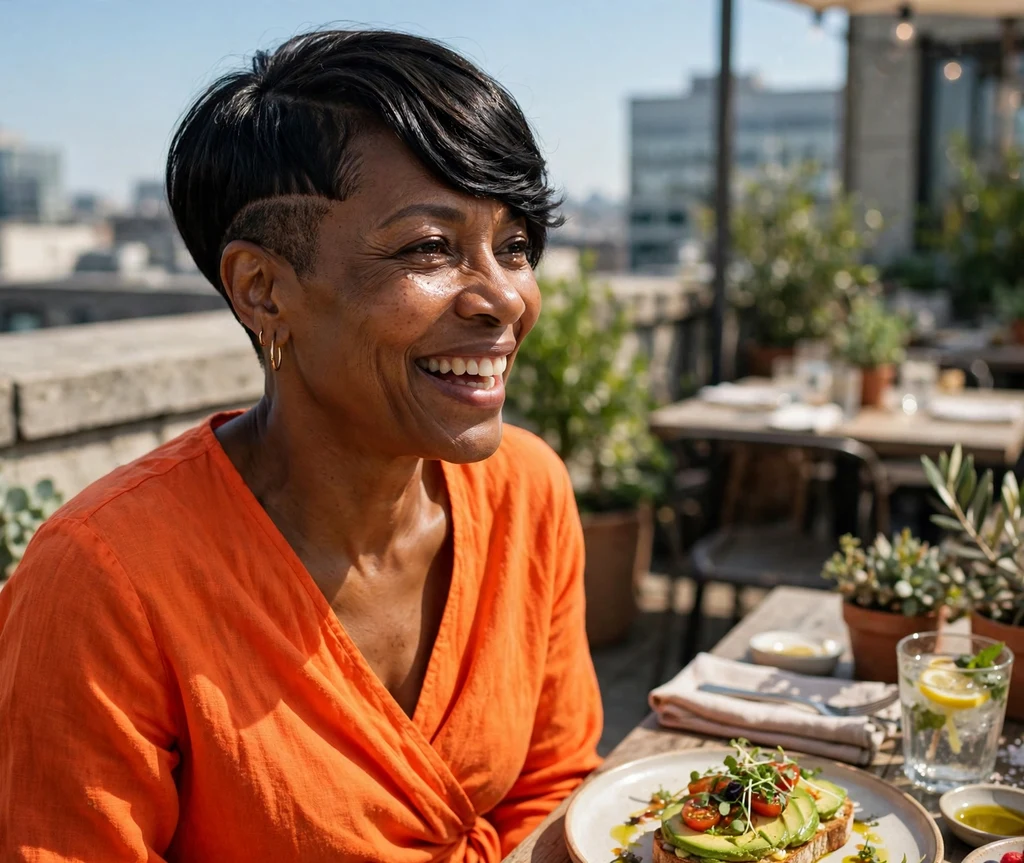 Black woman with sleek side-swept undercut pixie at a rooftop brunch