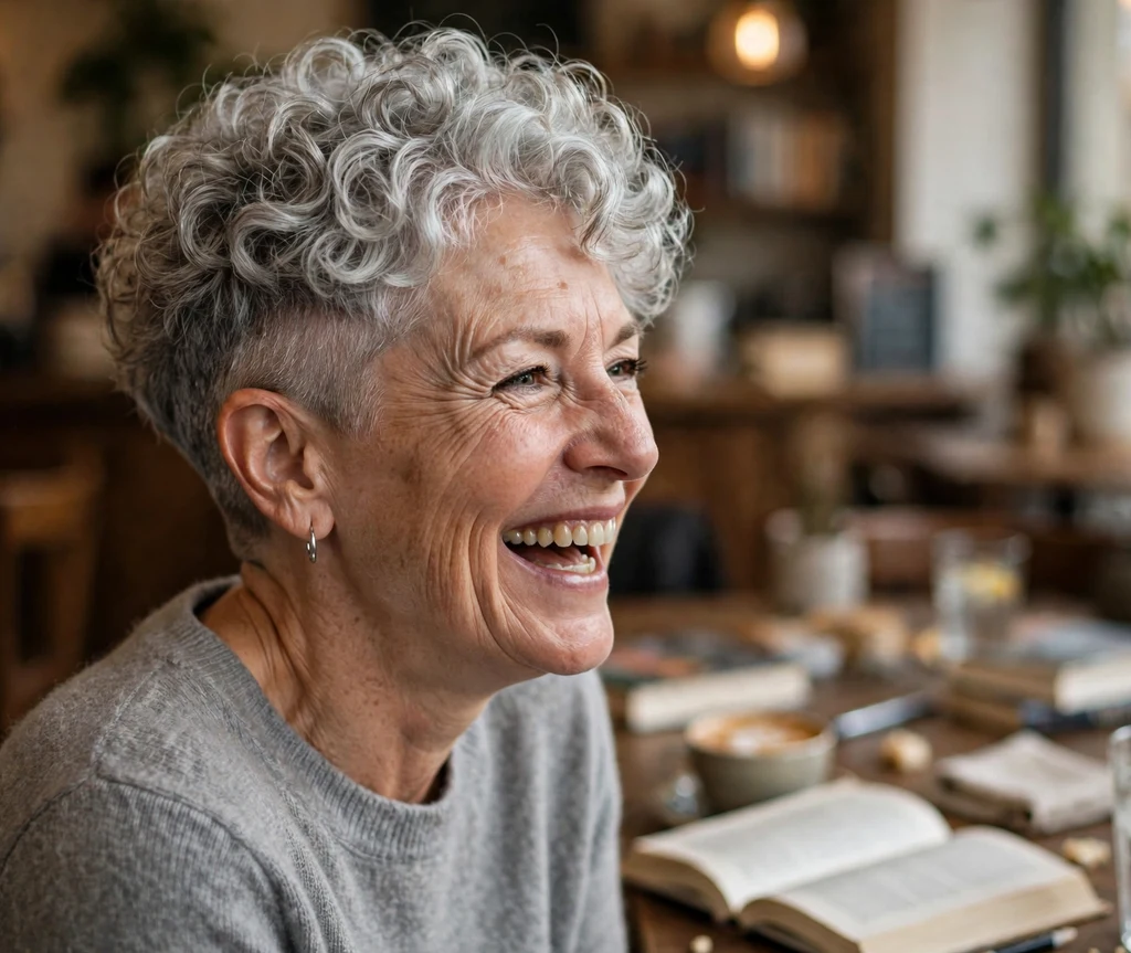 Woman in her late 50s with curly tapered silver undercut pixie at a book club