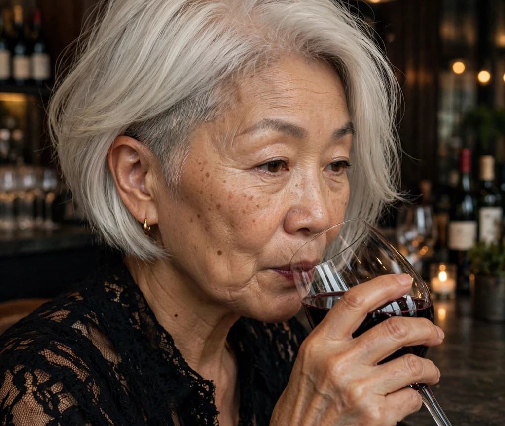 East Asian woman with platinum bob-pixie hybrid undercut at a wine bar