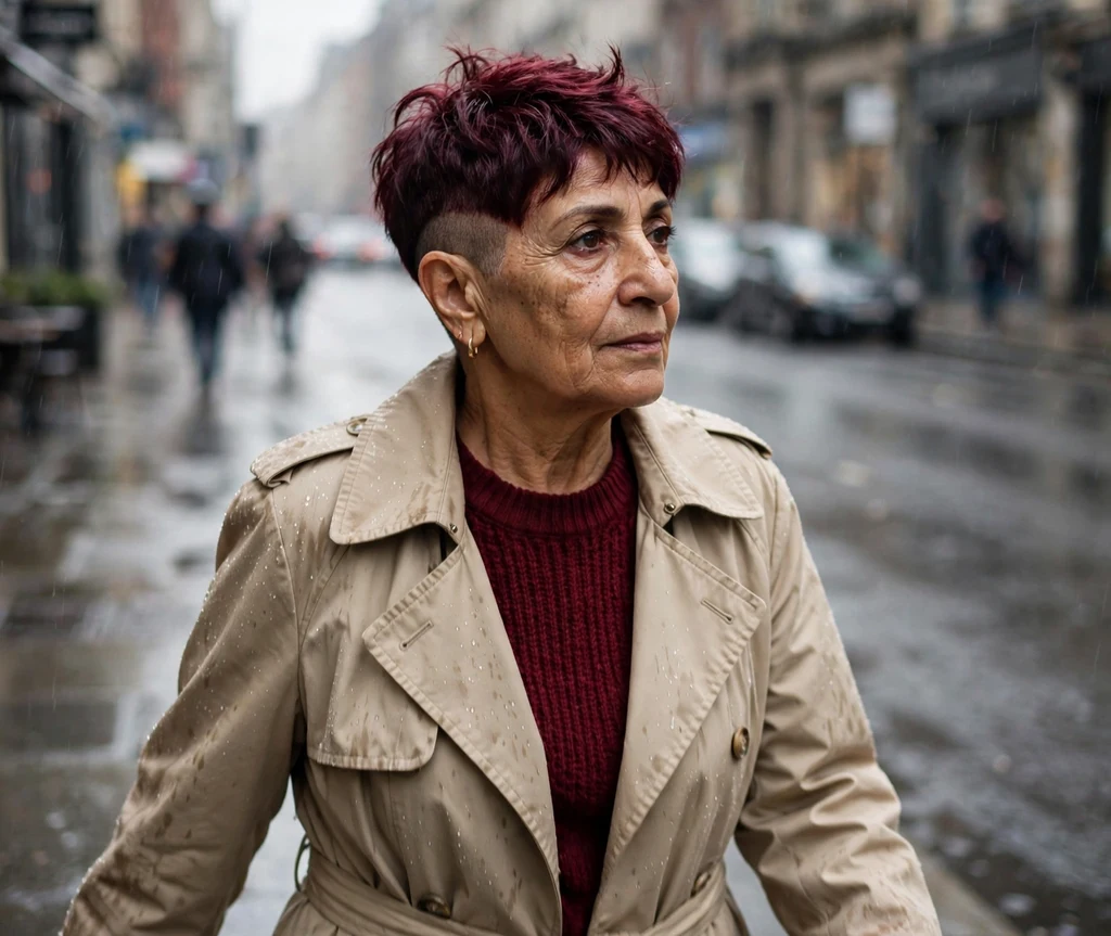 Middle Eastern woman with burgundy wine undercut pixie on a rainy city street