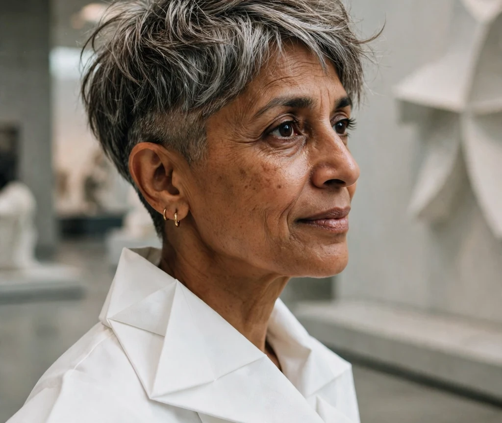 South Asian woman with tousled silver-brown undercut pixie at a modern museum
